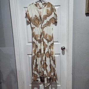 H&M Elegant Cream and Brown Patterned Midi Dress